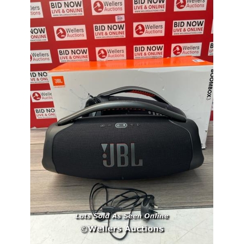 3519 - JBL BOOMBOX 3 PORTABLE BLUEOOTH SPEAKER / POWERS UP & CONNECTS VIA BLUETOOTH WITH SOUND / MINIMAL SI... 