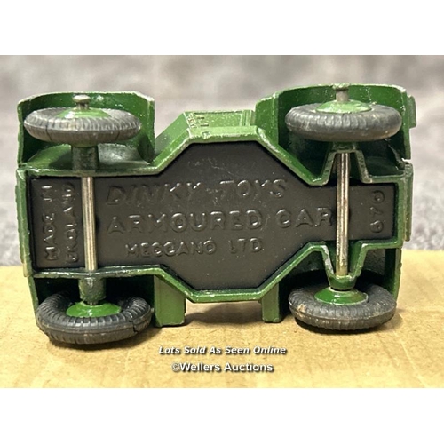 110 - Dinky armoured car no.670, green body, ridged hubs and short gun. Early model without box / AN37