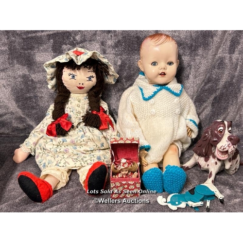 118 - Vintage Pedegree doll (as found), plush doll, small boxed doll and a resin 