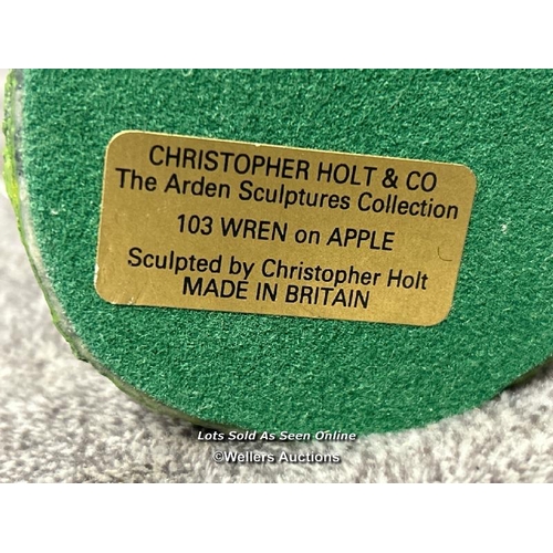 97 - A collection of four Arden Sculptures by Christopher Holt, including Wren on Apple, Wren, Bluetit an... 