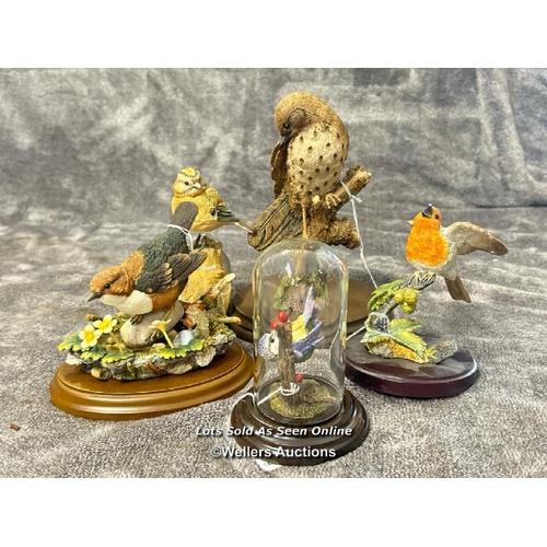 98 - Five bird figurines including Country Artists Bluetit with glass dome, Dipper, Crested Tit, Robin an... 