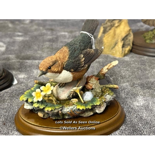 98 - Five bird figurines including Country Artists Bluetit with glass dome, Dipper, Crested Tit, Robin an... 