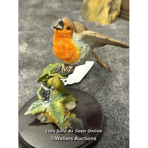 98 - Five bird figurines including Country Artists Bluetit with glass dome, Dipper, Crested Tit, Robin an... 