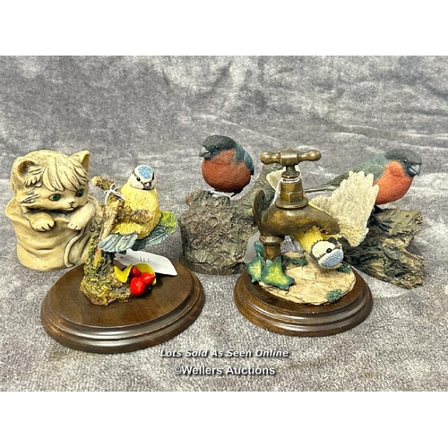 99 - Four bird figurines including two Country Artists Bluetit's and two Bullfinche's with a Cat in Boot ... 