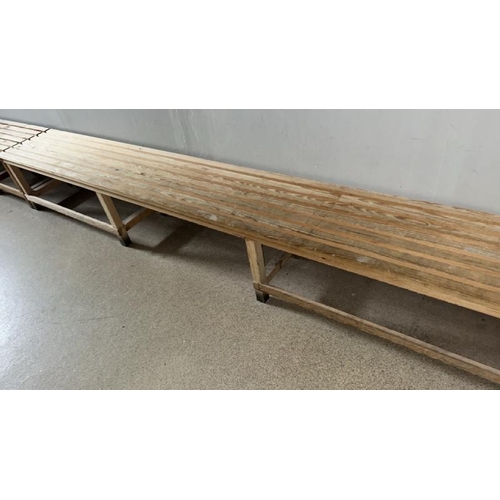 56 - X5 WOODEN BENCHES, LARGEST 45CM (H) X 300CM (L) X 42CM (D)