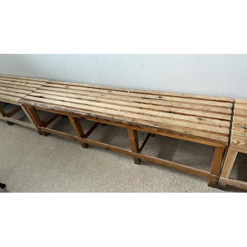 56 - X5 WOODEN BENCHES, LARGEST 45CM (H) X 300CM (L) X 42CM (D)