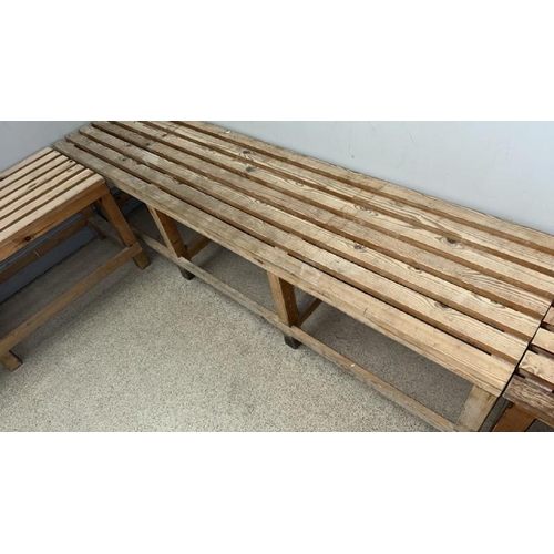 56 - X5 WOODEN BENCHES, LARGEST 45CM (H) X 300CM (L) X 42CM (D)