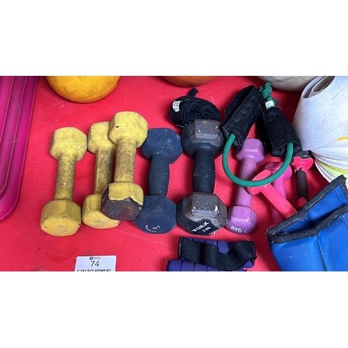 74 - A SHELF OF EXERCISE ITEMS INCL. ASSORTED DUMBELLS, CONES, MEDICINE BALLS ETC.