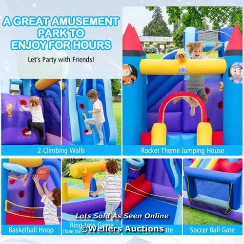 7045 - RRP: £325.95 - ROCKET THEME INFLATABLE WATER SLIDE PARK WITH 2 SLIDES SPLASH POOL BLOWER / MS