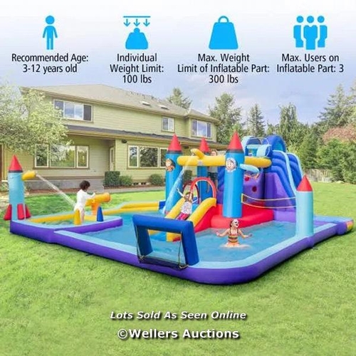 7045 - RRP: £325.95 - ROCKET THEME INFLATABLE WATER SLIDE PARK WITH 2 SLIDES SPLASH POOL BLOWER / MS