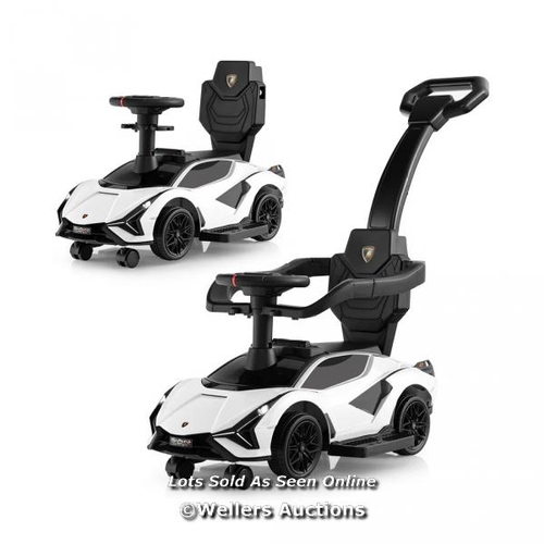 7077 - RRP: �57.95 - 3-IN-1 RIDE ON LAMBORGHINI WITH REMOVABLE GUARDRAILS AND HANDLE / NEW AND SEALED / G77