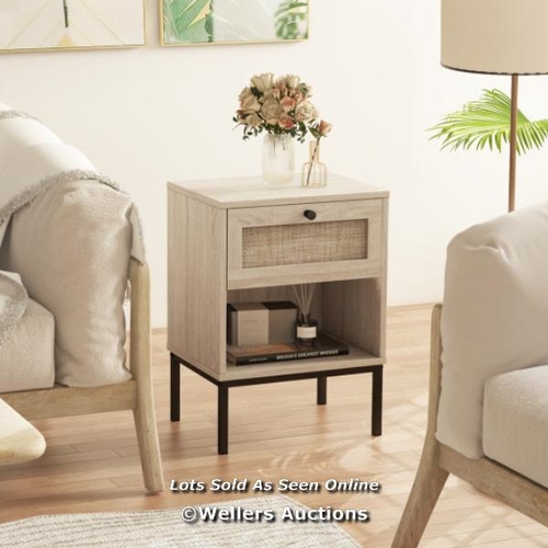 7088 - RATTAN BEDSIDE TABLE, WOOD NIGHTSTAND END TABLE WITH HAND-WOVEN RATTAN DECORATION / APPEARS NEW & SE... 