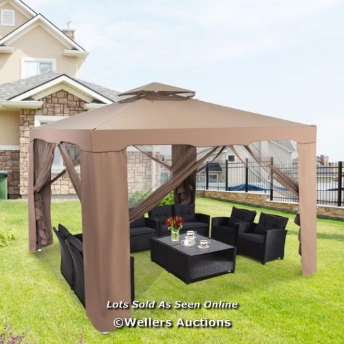 7089 - 10 FT X 10 FT COFFEE CANOPY GAZEBO OUTDOOR PATIO PARTY/EVENT TENT WITH MOSQUITO / APPEARS NEW, OPEN ... 