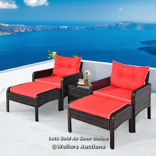 7098 - RATTAN FOOT STOOL SET WITH RED CUSHIONS / APPEARS NEW / NOT INCL. TABLE OR CHAIRS / G22