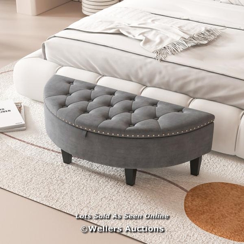 7099 - RRP: �94.38 - HALF MOON LIVING ROOM POUF UPHOLSTERED VELVET STORAGE BENCH W/ RUBBER WOOD LEGS / MS