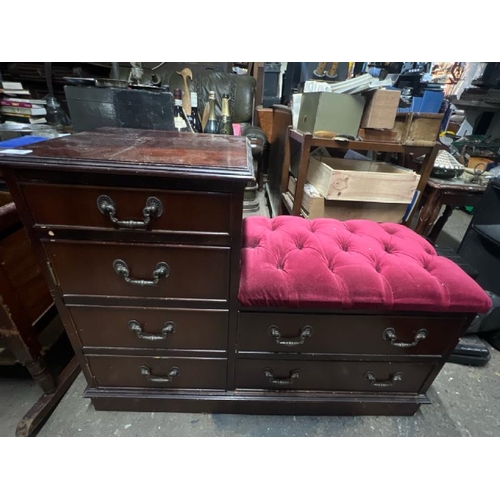 26 - A reproduction chest of six drawers with upholstered seat, 70cm high x 93cm wide x 39cm deep