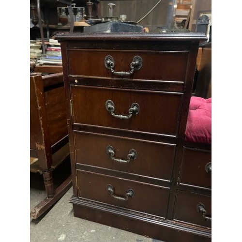 26 - A reproduction chest of six drawers with upholstered seat, 70cm high x 93cm wide x 39cm deep