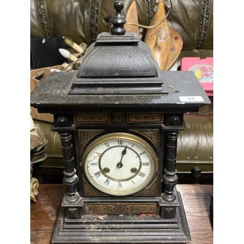 28 - A wooden mantle clock by 'Hall', 50cm high x 30cm wide x 15cm deep