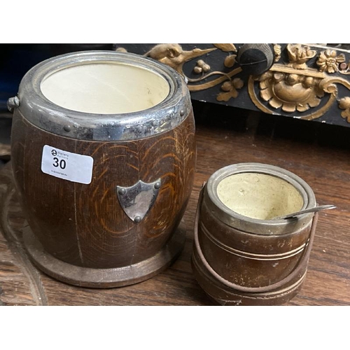 30 - Two wooden condiment jars in barrel form, largest 15cm high