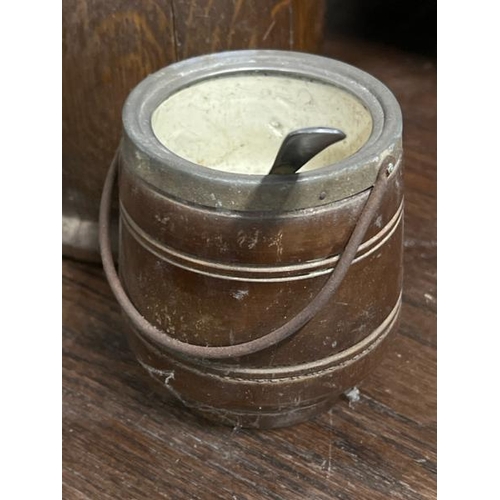 30 - Two wooden condiment jars in barrel form, largest 15cm high