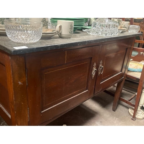 44 - A Victorian two door dressing table, with green marble top and decorative inset tile backing, not in... 