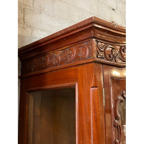 48 - An ornately carved display cabinet with two internal shelves and two drawers underneath, 197cm high ... 