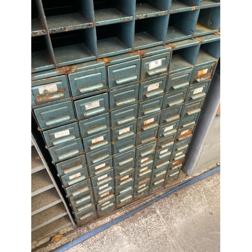 51 - A vintage metal storage cabinet, with fixty eight drawers but missing two, 103cm high x 73cm wide x ... 