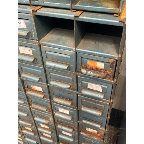 51 - A vintage metal storage cabinet, with fixty eight drawers but missing two, 103cm high x 73cm wide x ... 