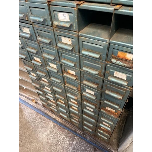 51 - A vintage metal storage cabinet, with fixty eight drawers but missing two, 103cm high x 73cm wide x ... 