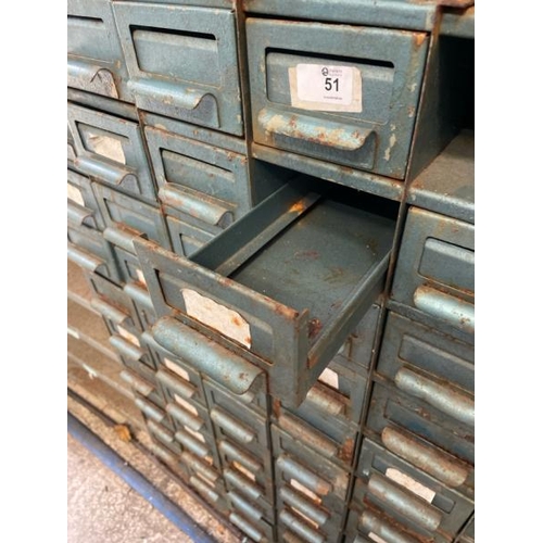 51 - A vintage metal storage cabinet, with fixty eight drawers but missing two, 103cm high x 73cm wide x ... 