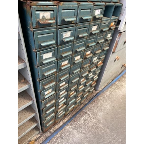 51 - A vintage metal storage cabinet, with fixty eight drawers but missing two, 103cm high x 73cm wide x ... 