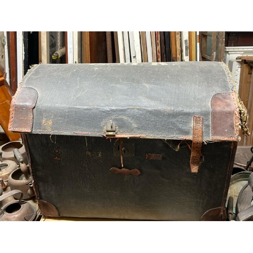 7 - A canvas bound steamer chest, with letters E.M.K to the top, requires some repairs, 60cm high x 77cm... 