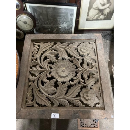 9 - A decorative wooden table with carved centrepiece, converted to electric, with associated panelling,... 