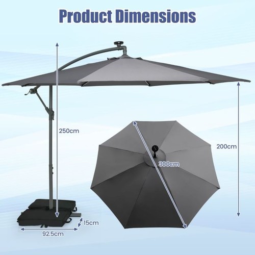 7536 - 3M GARDEN PARASOL WITH SANDBAGS PARASOL WITH 32 LED LIGHTS UV PROTECTION PATIO PARASOL FOR GARDEN PO... 