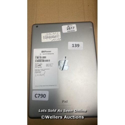 450 - APPLE IPAD AIR / A1474 / 32GB / SERIAL: DMQN6GKPFK11 / I-CLOUD (ACTIVATION) LOCKED/ RESTORED TO FACT... 