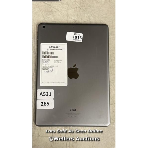 468 - APPLE IPAD AIR / A1474 / 16GB / SERIAL: DMPLT7FTFK10 / I-CLOUD (ACTIVATION) LOCKED / RESTORED TO FAC... 