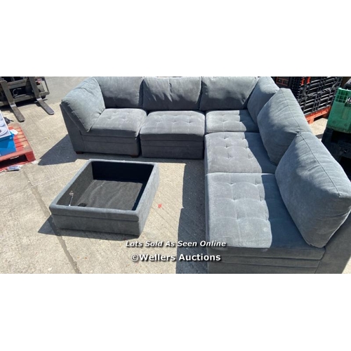 511 - THOMASVILLE TISDALE DARK GREY 6 PIECE MODULAR FABRIC SOFA / BRAND NEW MISSING TOP FOR OTTOMAN [3398]