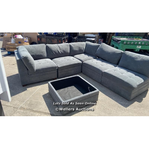 511 - THOMASVILLE TISDALE DARK GREY 6 PIECE MODULAR FABRIC SOFA / BRAND NEW MISSING TOP FOR OTTOMAN [3398]