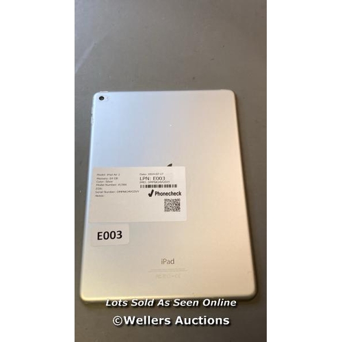 9639 - APPLE IPAD AIR 2 / 64GB / SILVER / A1566 / SERIAL: DMPNKJ4VG5VY