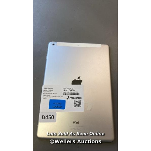 9645 - APPLE IPAD AIR / 16GB / SILVER / A1475 / SERIAL: DMRM77NYF4YH / I-CLOUD LOCKED