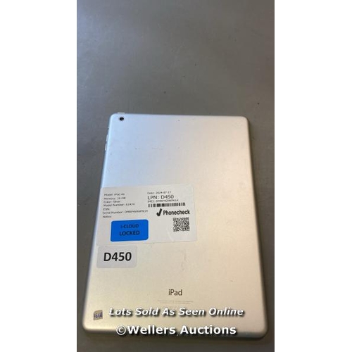 9646 - APPLE AIR / 16GB / SILVER / A1474 / SERIAL: DMRP4S9WF14 / I-CLOUD LOCKED