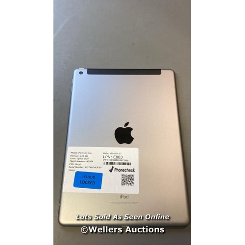 9650 - APPLE IPAD 6TH GEN / 128GB / SPACE GRAY / A1954 / SERIAL: GG7YG04KJF89 / I-CLOUD LOCKED