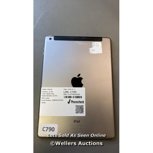 9653 - APPLE AIR / 16GB / SPACE GRAY / A1475 / SERIAL: DMPMX47ZF4YD