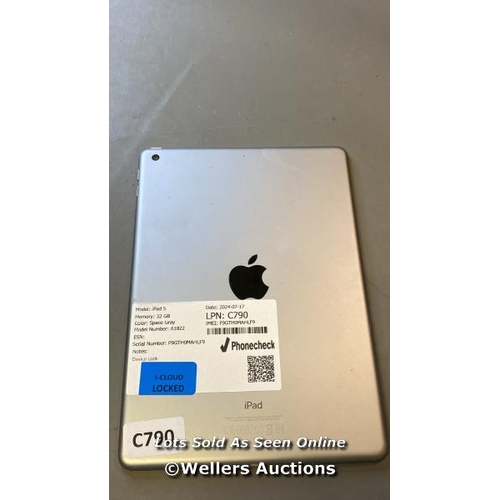 9654 - APPLE IPAD 5 / 32 GB / SPACE GRAY / A1822 / SERIAL: F9GTH0MALF9 / I-CLOUD LOCKED