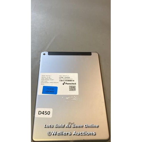 9658 - APPLE IPAD AIR 2 / 64GB / GRAY / SERIAL: DMPPT38ZGSYL / I-CLOUD  LOCKED