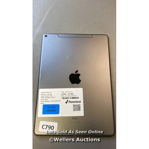 9660 - APPLE IPAD AIR 3 / 256 GB / SPACE GRAY / A2153 ESN: GOOD / SERIAL: F9FYC389LMX0 I-CLOUD LOCKED