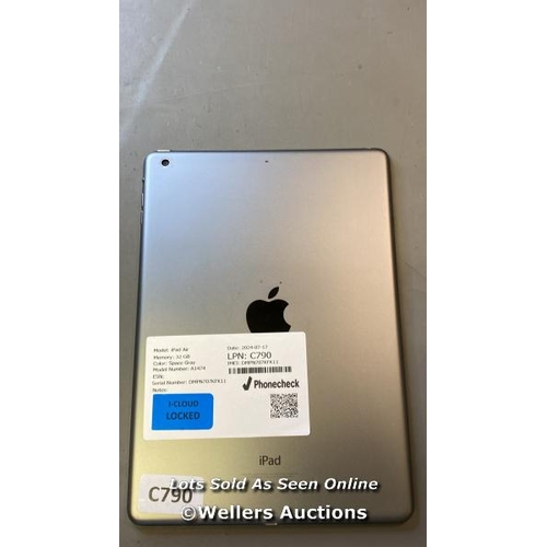 9666 - APPLE IPAD AIR / 32 GB / SPACE GRAY / A1474 / SERIAL: DMPN707KFK11 I-CLOUD LOCKED