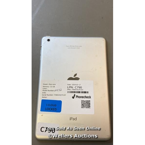 9668 - APPLE IPAD MINI / 32 GB / SILVER / A1421 / SERIAL: F4KKV427F197 I-CLOUD LOCKED