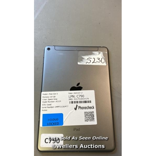 9669 - APPLE IPAD MINI 5 / 64 GB / SPACE GRAY / A2124 ESN: GOOD / SERIAL: DMPF513JLMT7