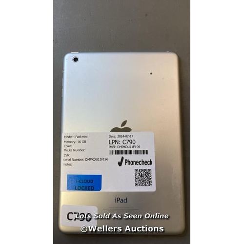 9670 - APPLE IPAD MINI / 16 GB / SILVER / A1432 / SERIAL: DMPKDU11FF196 I-CLOUD LOCKED